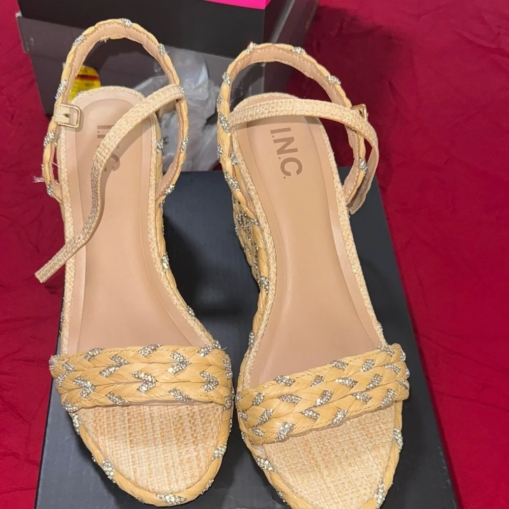 INC International Concepts Tan and Silver Woven Wedges